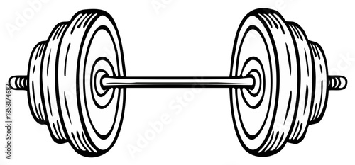 Illustrated barbell weight lifting equipment in black and white.