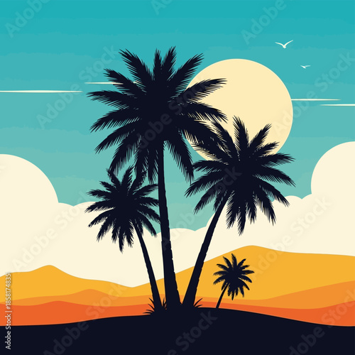 A serene tropical landscape illustration depicts palm trees silhouetted against a vibrant sunset  (121)