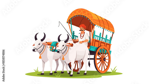Traditional Indian Ox Cart Driven by a Farmer.