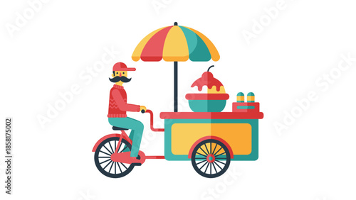 Man riding ice cream cart bicycle selling sweet treats.