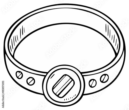 Cartoon Style Dog Collar with Metal Accents Black and White Outlined Vector Illustration
