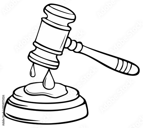 Courtroom gavel striking sound block with dripping liquid representing legal decision or judgment