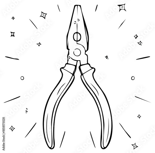 Drawn outline of versatile long nosed pliers with radiating sparkle lines and dots