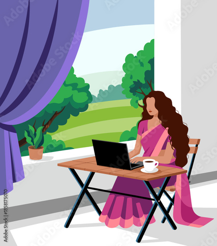 An engaging illustration of a woman in traditional attire working on her laptop beside a window, representing dedication, culture, and the blending of modernity and tradition.