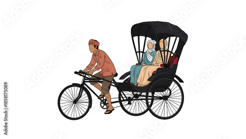 Man rides a rickshaw with an elderly woman passenger.