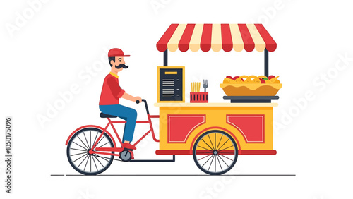 Man riding a food cart bicycle selling pies.