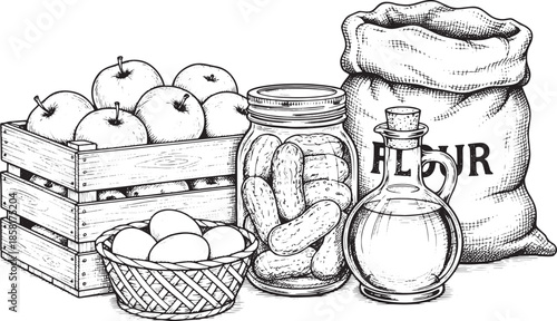 A black and white image displays a rustic still life of fresh apples, eggs, pickles, flour, and oil. 