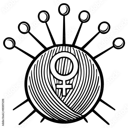 Illustration of a ball of yarn, sewing needles, and the female gender symbol in black and white.