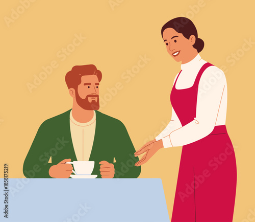 A warm illustration depicting a man enjoying coffee, served by a smiling waitress, reflects the charm of cozy cafes and the joy of simple pleasures in social settings.