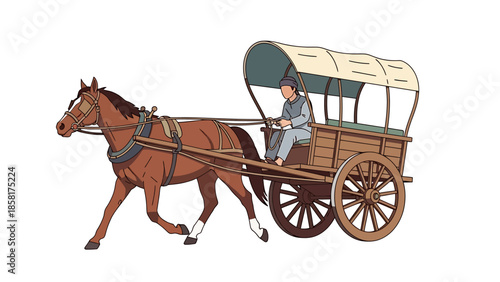 Horse Drawn Wagon with Driver in Motion.