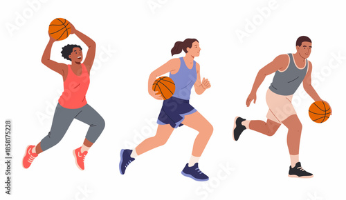 An energetic illustration of basketball players in action, capturing the excitement and athleticism of the game, perfect for sports enthusiasts and team spirit promotion.