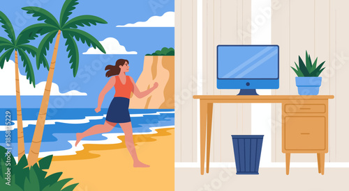 A split illustration contrasting a sunny beach scene with a person running and a cozy home office, representing leisure and productivity in daily life.
