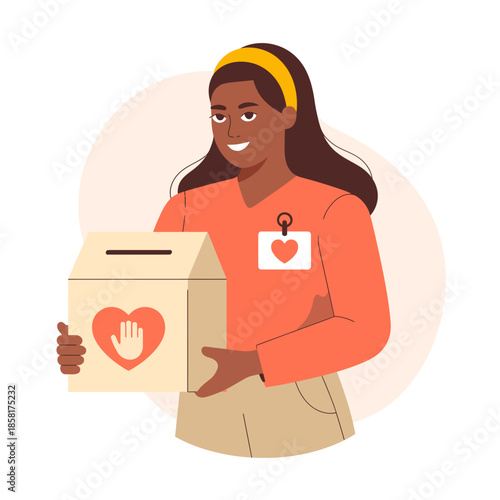 An engaged volunteer holds a heart-themed donation box, conveying warmth and community spirit, representing the importance of giving and helping those in need.