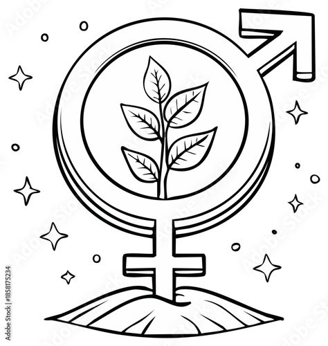 Symbol of gender equality, unity, and environmental growth with plant growth in the middle of male and female signs.