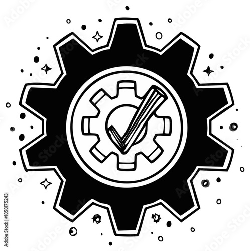 Gear with check mark inside gear with star and dotted effect