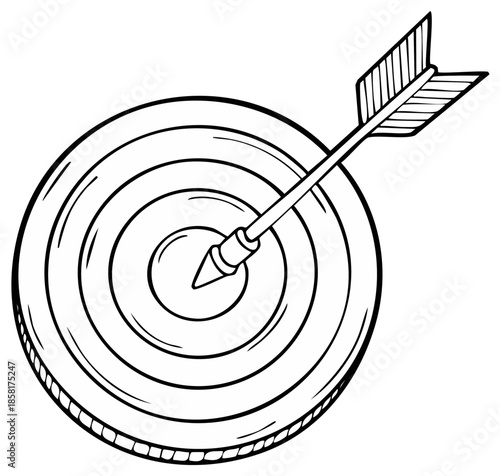 Arrow strikes the center of a target circle hand-drawn target practice achieving goals success accurate aims precision