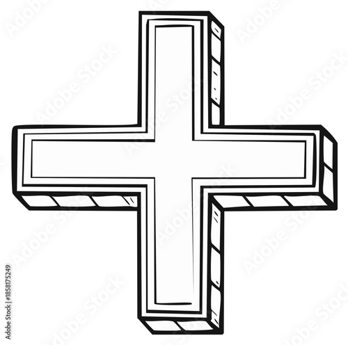 Simple bold plus sign symbol in cartoon style with depth and shading