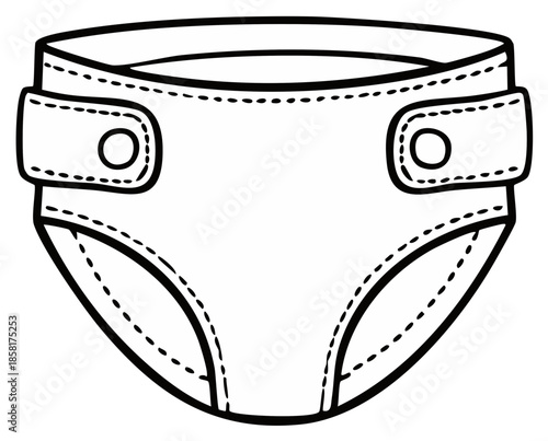 Black and white illustration of a baby diaper with closure tabs, stitched lines and curves.