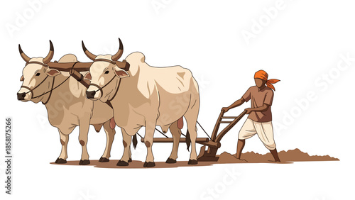 Farmer Plowing Field with Oxen.