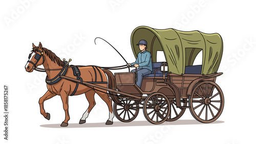 Horse Drawn Covered Wagon with Driver Illustration.