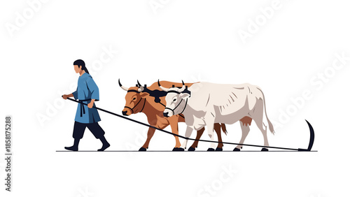 Farmer Plowing Field with Oxen and Traditional Tools.