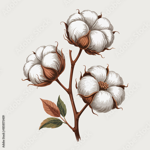 A beautifully illustrated cotton flower still life highlights the natural elegance and softness of cotton, symbolizing comfort and the connection to nature.