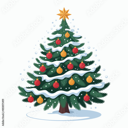 A traditional Christmas tree adorned with colorful ornaments and snow creates a festive atmosphere, celebrating the joy and warmth of the holiday season.