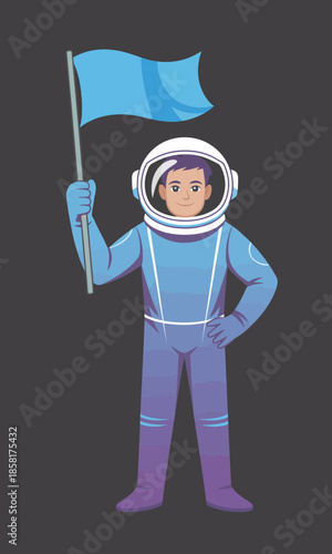 An aspiring astronaut stands confidently, holding a blue flag on a dark background, symbolizing exploration, ambition, and the quest for knowledge beyond Earth.