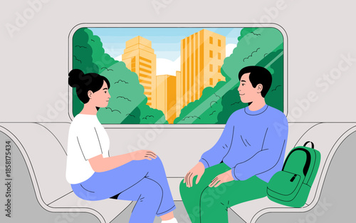 A cozy illustration of two individuals engaging in conversation on a train, showcasing connection and interaction in a vibrant urban environment.
