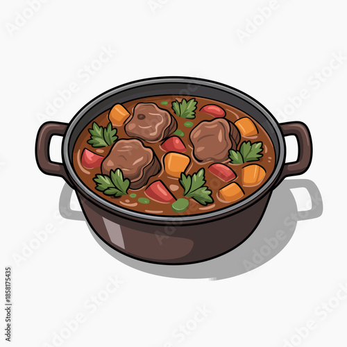 A pot of hearty stew brimming with colorful vegetables and tender meatballs showcases a comforting and nutritious meal, ideal for cozy gatherings and heartwarming moments.