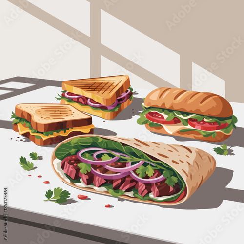 A vibrant display of various sandwiches and wraps showcasing delicious ingredients such as meats, vegetables, and herbs, providing an enticing culinary experience.