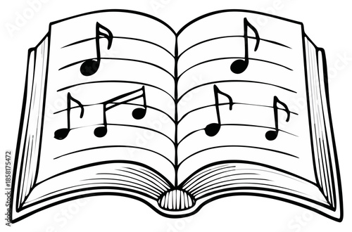 Opened musical book displays sheet music notes symbol in black and white for creative design projects