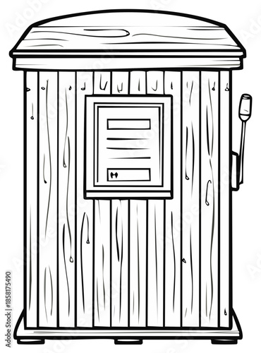 Hand-drawn cartoon illustration of a rustic wooden ticket booth with a service window and lever