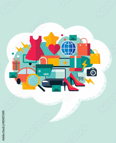 This vibrant image features a collection of shopping icons within a speech bubble, highlighting consumerism, e-commerce, and modern online shopping culture.