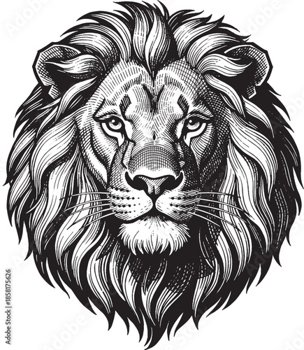 The regal Lion's Intricate Portrait, exudes strength and courage, its majestic mane flows around its noble face, representing the untamed wild and symbolizing leadership.