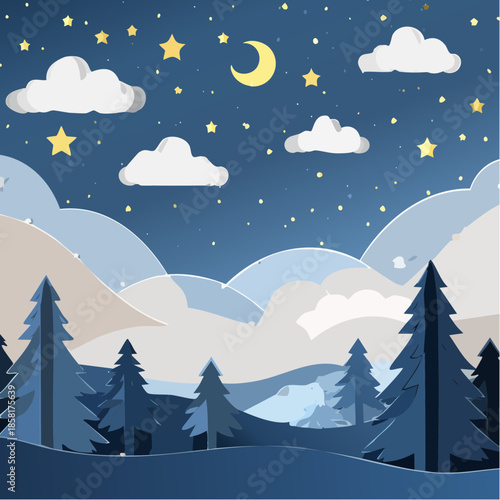 Abstract, artistic, whimsical representation of a night sky, filled with calm and wonder in a paper-cut art style.