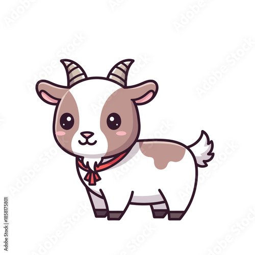 A cute cartoon goat stands on white background wearing a red bow  (130)