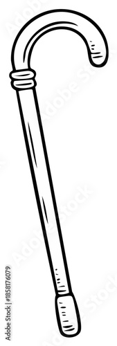 Walking Stick Sketch Illustration Hook Handled Cane Black and White Icon Design for Mobility and Fashion