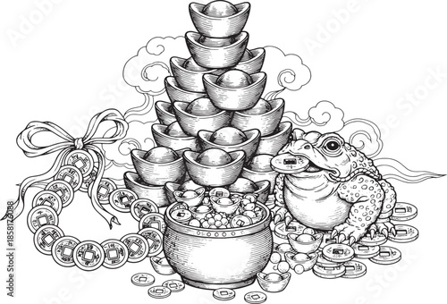 A detailed monochrome illustration depicts a traditional Chinese money frog, surrounded by an abundance of gold ingots and coins, symbolizing prosperity and wealth. 