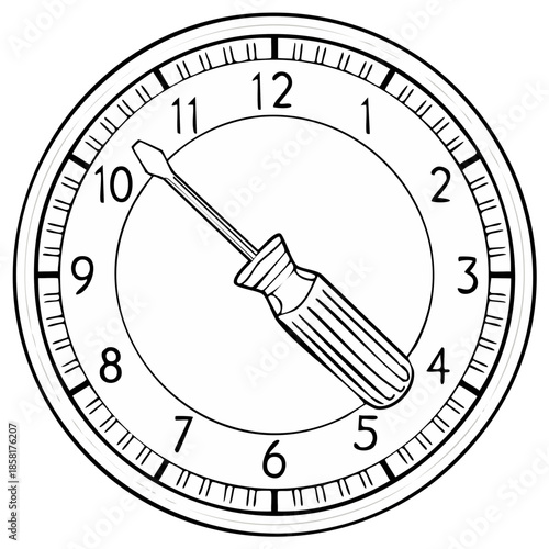 Tool representing time or a deadline on a clock face with screwdriver hand in outline style