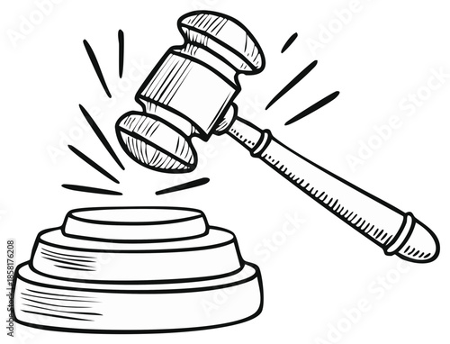 Illustration of a Wooden Gavel Striking the Sound Block Representing Justice and Legal Decisions for Court Cases