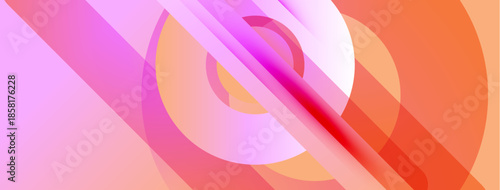 Abstract composition featuring overlapping circles, lines. Gradient hues blend pink, orange, purple creating dynamic visual effect. Modern design.
