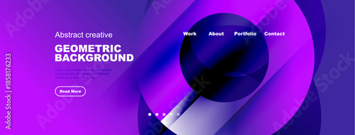 Abstract purple design features flowing shapes, text elements, navigation menu. Modern aesthetic suitable for website header or banner.