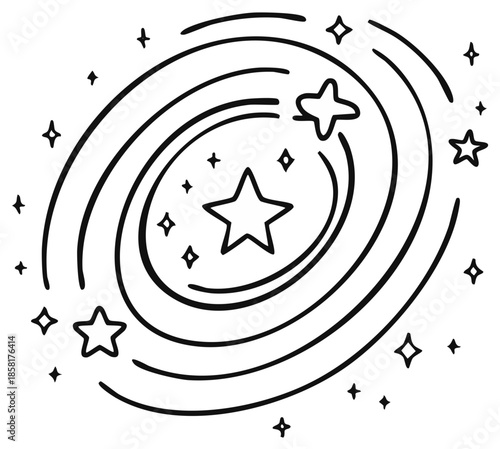 Hand-drawn Universe with Stars and Orbiting Planets, Galaxy doodle