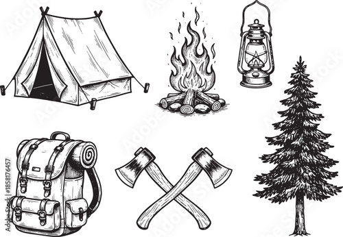 A collection of hand-drawn camping elements, perfect for illustrating the adventurous spirit of outdoor life. Includes a tent, campfire, lantern, backpack, crossed axes, and tree.