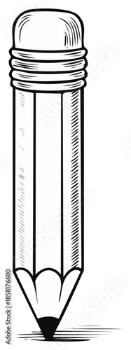 Classic graphite pencil with pink eraser and hatched shading detail, isolated black and white drawing.