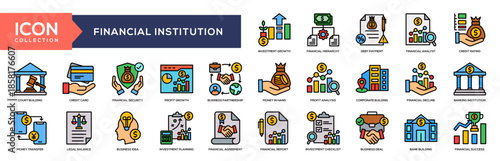 Financial Institution Lineal Color Icon Collection
