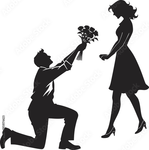 A black silhouette of a romantic scene against a white background. The image depicts a man kneeling on one knee, positioned on the left side, offering a bouquet of flowers to a woman standing opposite