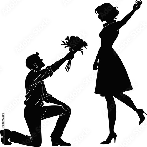 A black silhouette of a romantic scene against a white background. The image depicts a man kneeling on one knee, positioned on the left side, offering a bouquet of flowers to a woman standing opposite