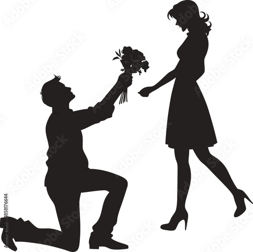 A black silhouette of a romantic scene against a white background. The image depicts a man kneeling on one knee, positioned on the left side, offering a bouquet of flowers to a woman standing opposite